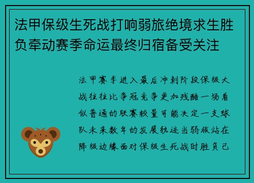 法甲保级生死战打响弱旅绝境求生胜负牵动赛季命运最终归宿备受关注